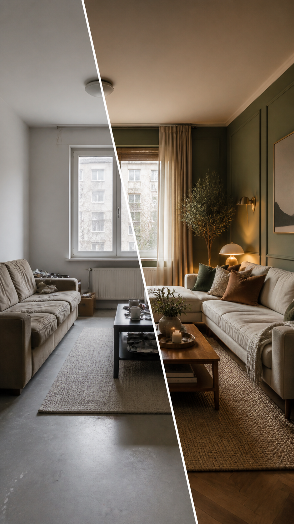 Before and after AI living room redesign with a diagonal comparison divide